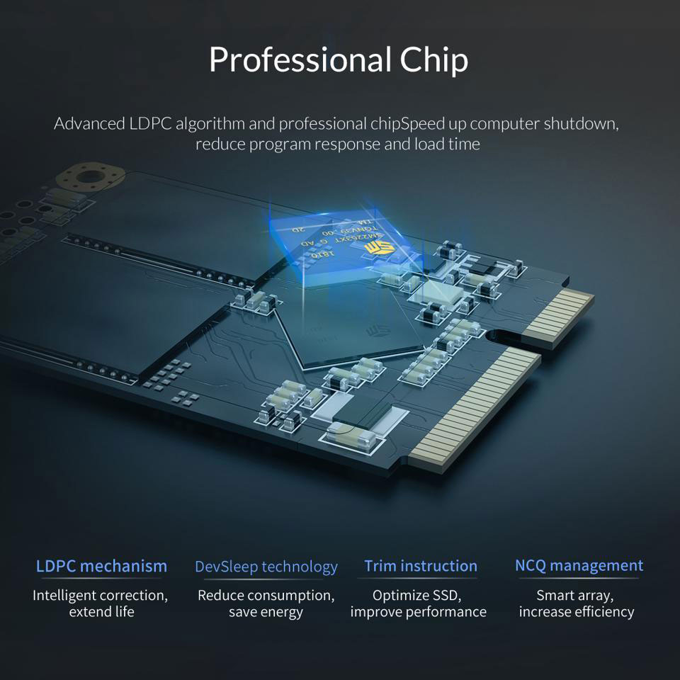 Close up view of the Flash memory and controller chip, with texts above and below describing technologies built-in this SSD
